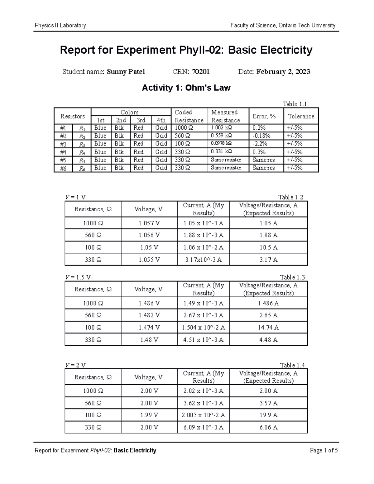 Report Basic Electricity #2 - Sunny Patel - Report for Experiment PhyII ...