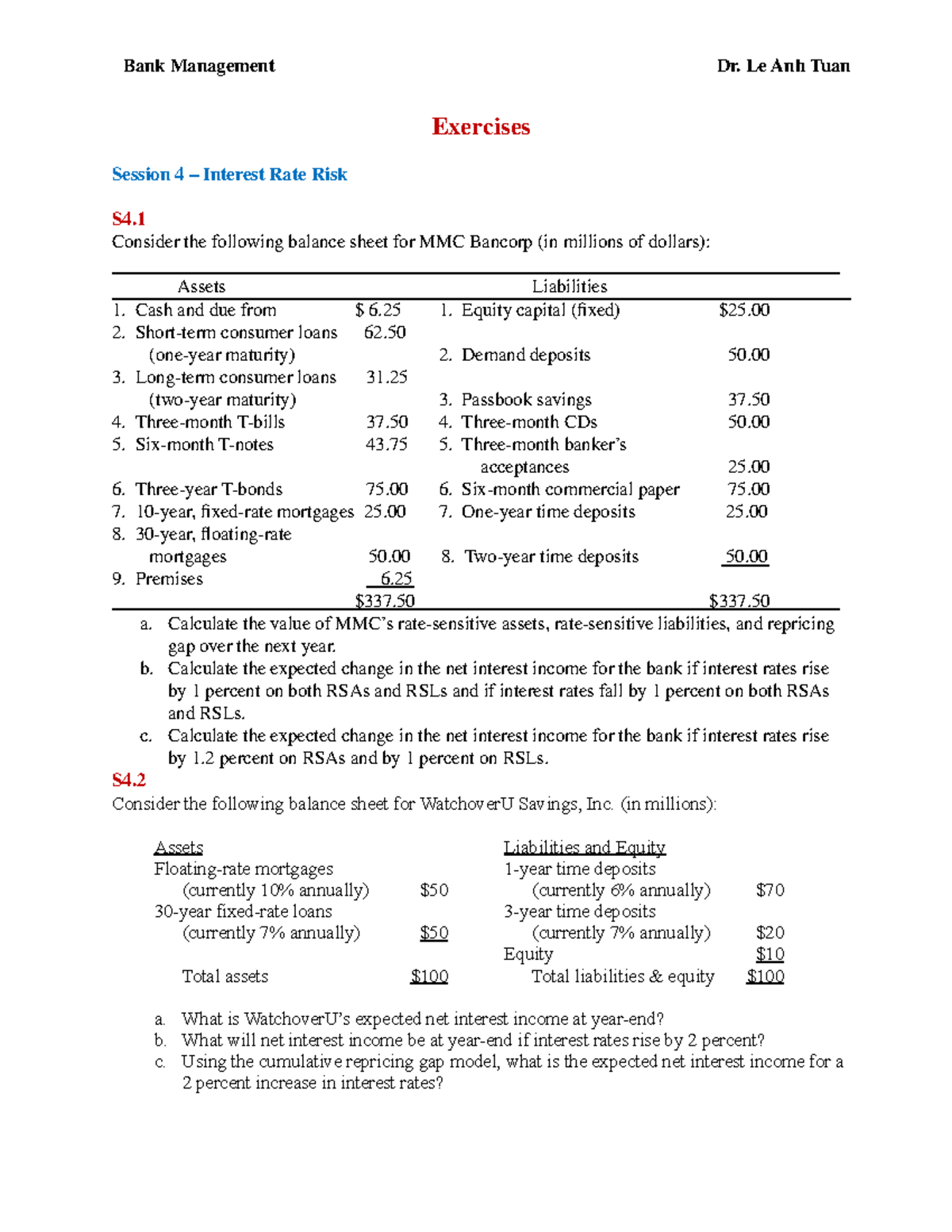 Bank Management Exercises on Interest Rate Risk and Credit Risk ...