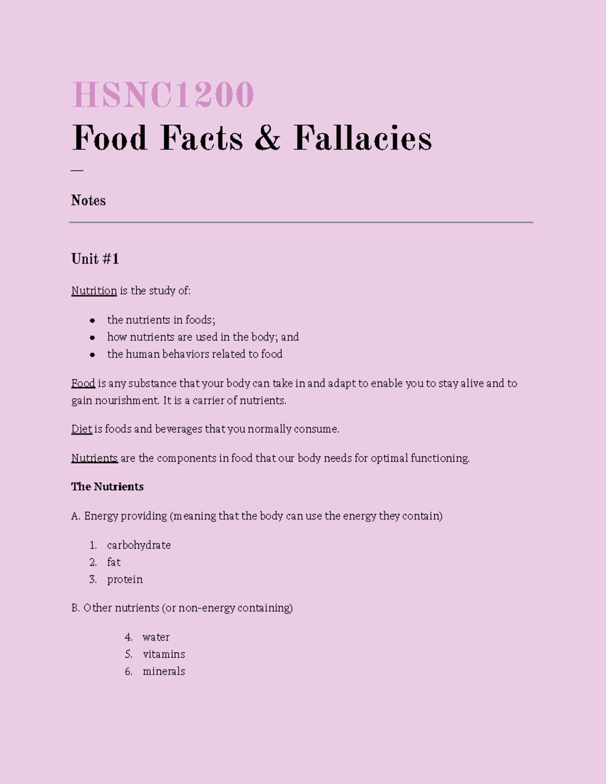 HSNC 1200: Food Facts and Fallacies - Nutrition Unit Notes - Studocu