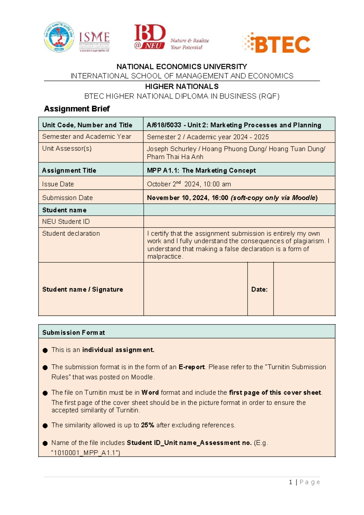 Assignment brief MPP A1: The marketing concept for unit 2 business ...