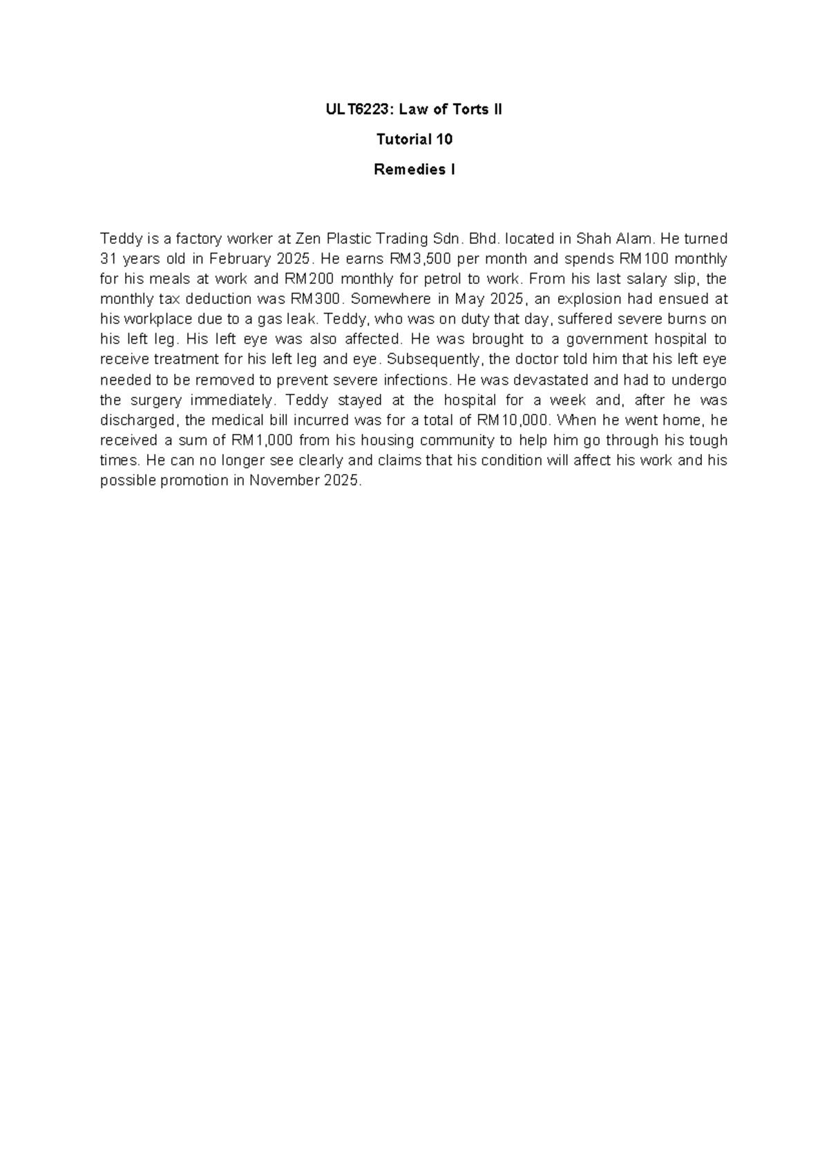 ULT6223: Law of Torts II Tutorial 10 - Remedies and Teddy's Case Study ...