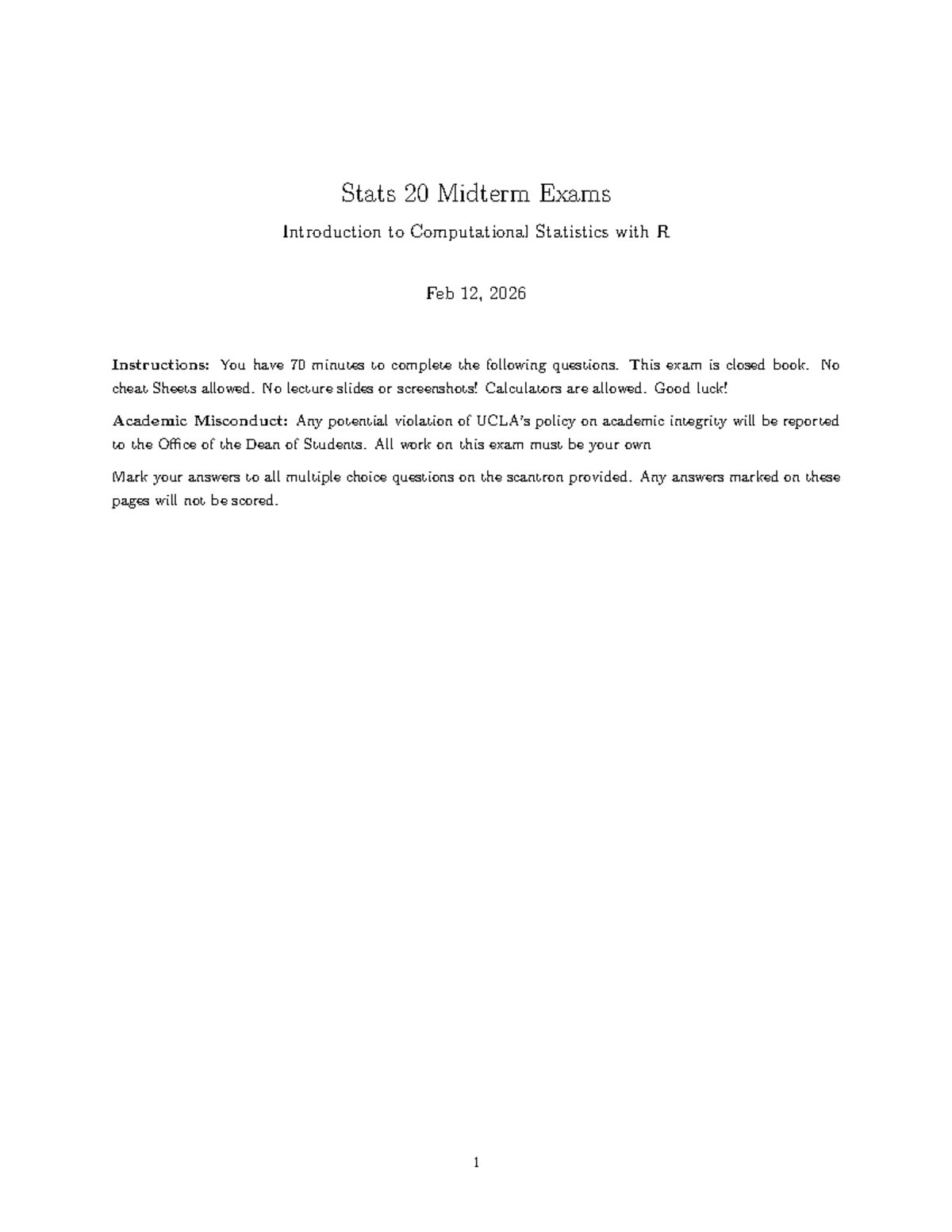 Stats 20 Midterm Exam: Intro to Computational Stats with R - Studocu