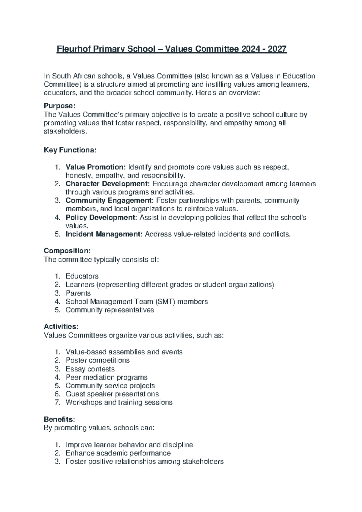 Fleurhof Primary School Values Committee 2024-2027 Budget Overview ...