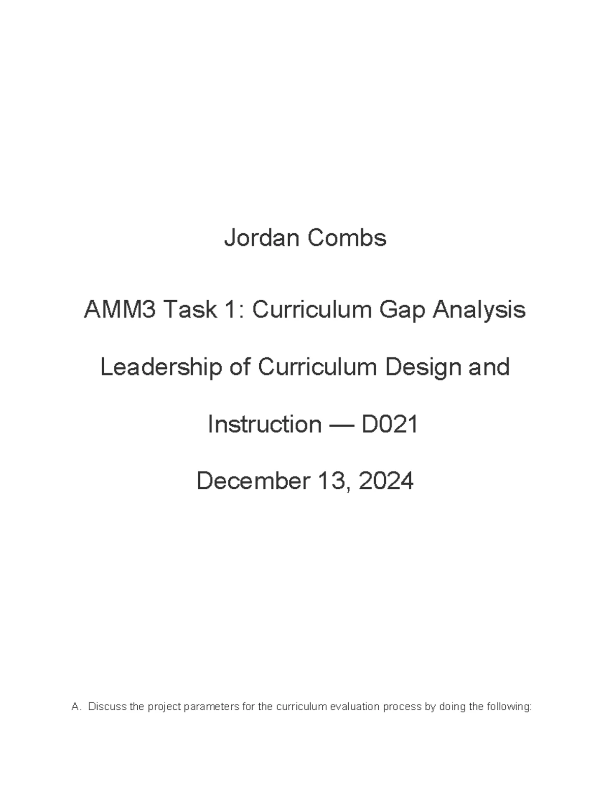 R. Dalton - D633 Task 1 - Evaluation of Curriculum Design Gaps and ...