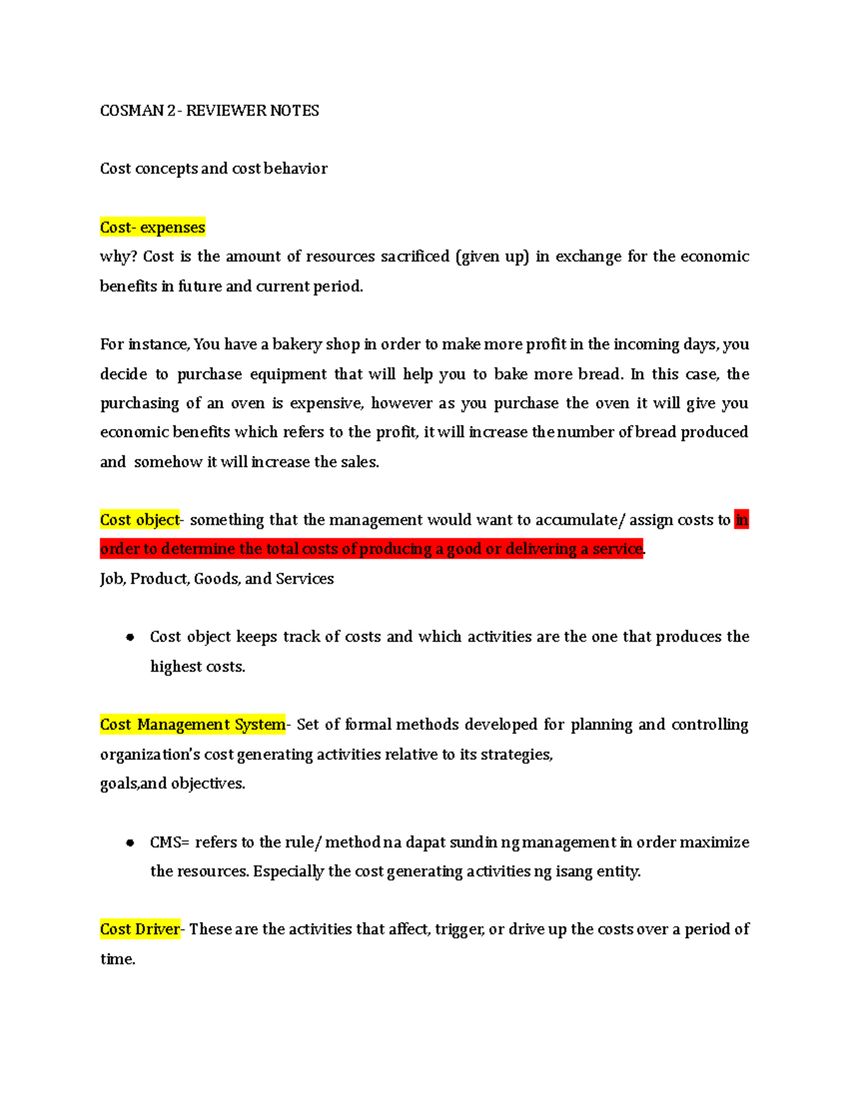 COSMAN 2 - Cost Concepts and Cost Behavior Reviewer Notes - Studocu