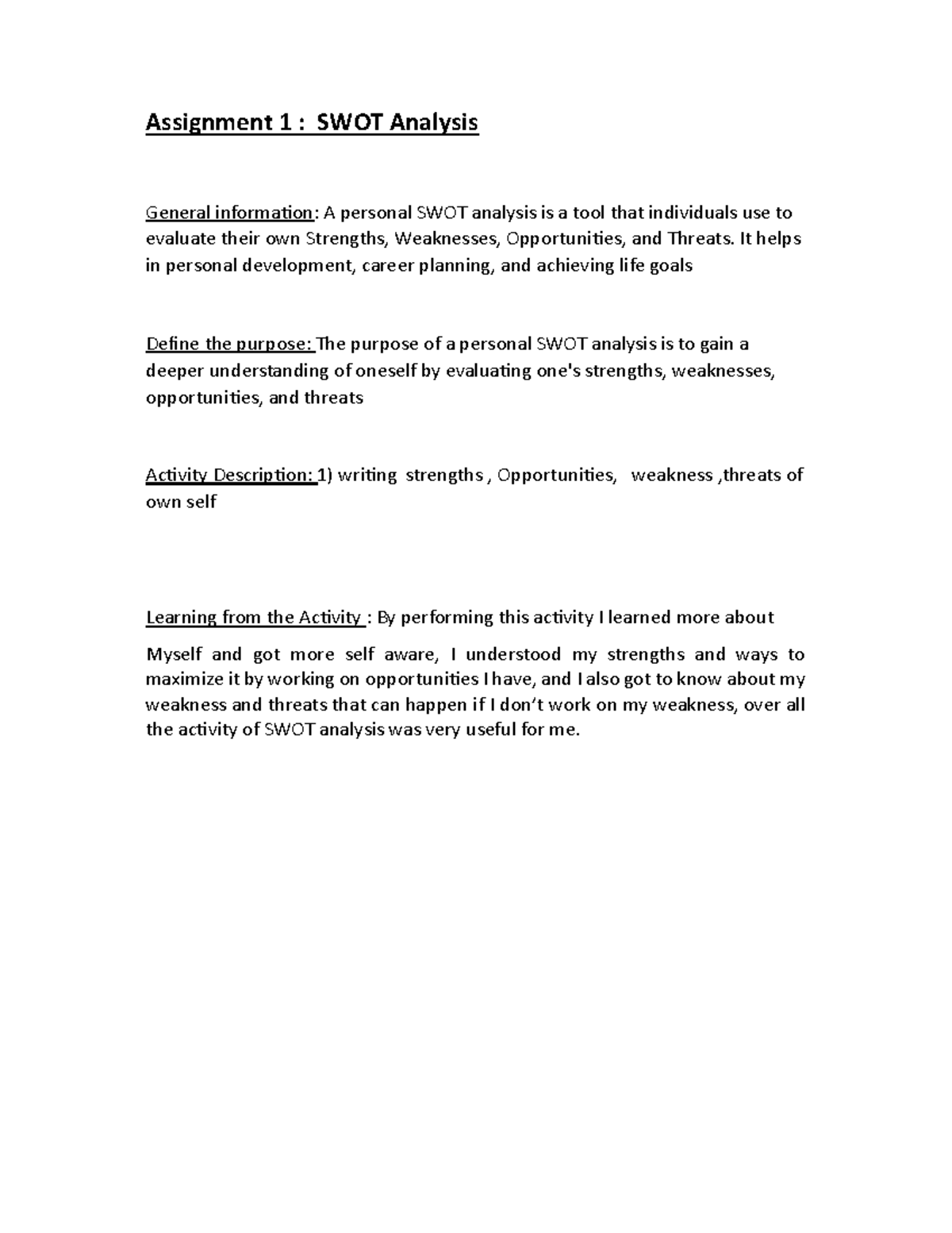 SWOT Analysis Assignment 1: Personal Development Insights - Studocu