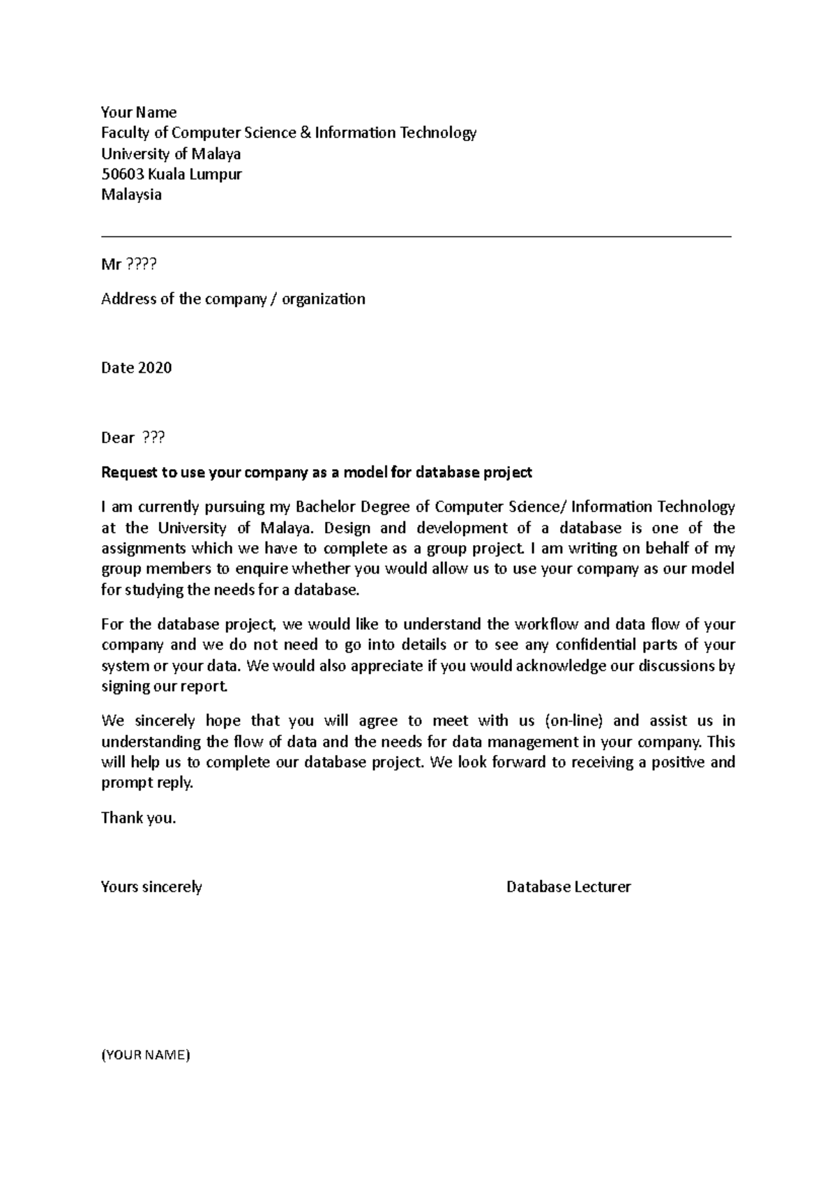 Letter to Company - Your Name Faculty of Computer Science & Information ...