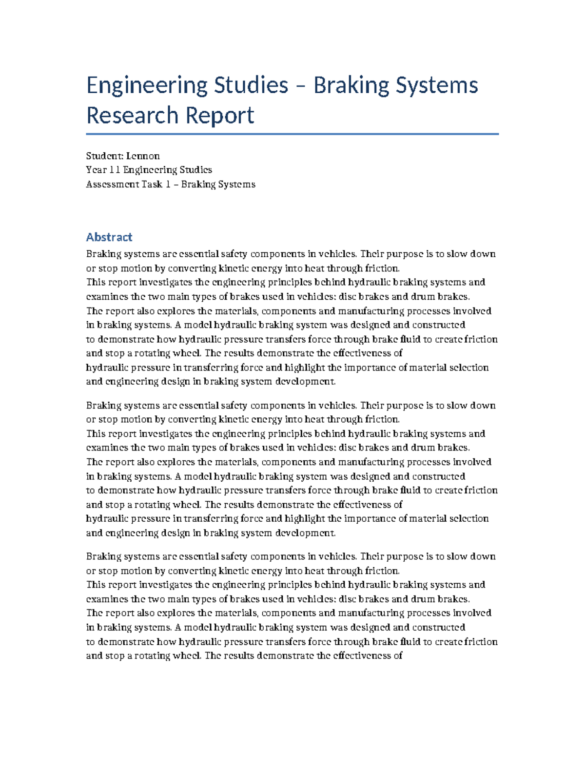 Engineering Studies Year 11: Braking Systems Research Report - Studocu