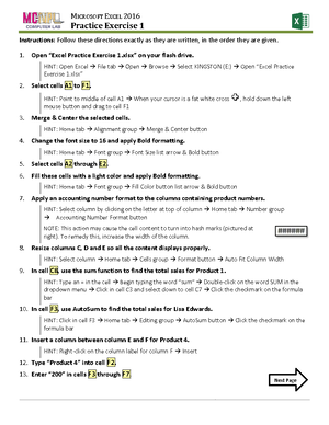 Excel Practice Exercise 1 Instructions Day 1 - MICROSOFT EXCEL 2016 ...