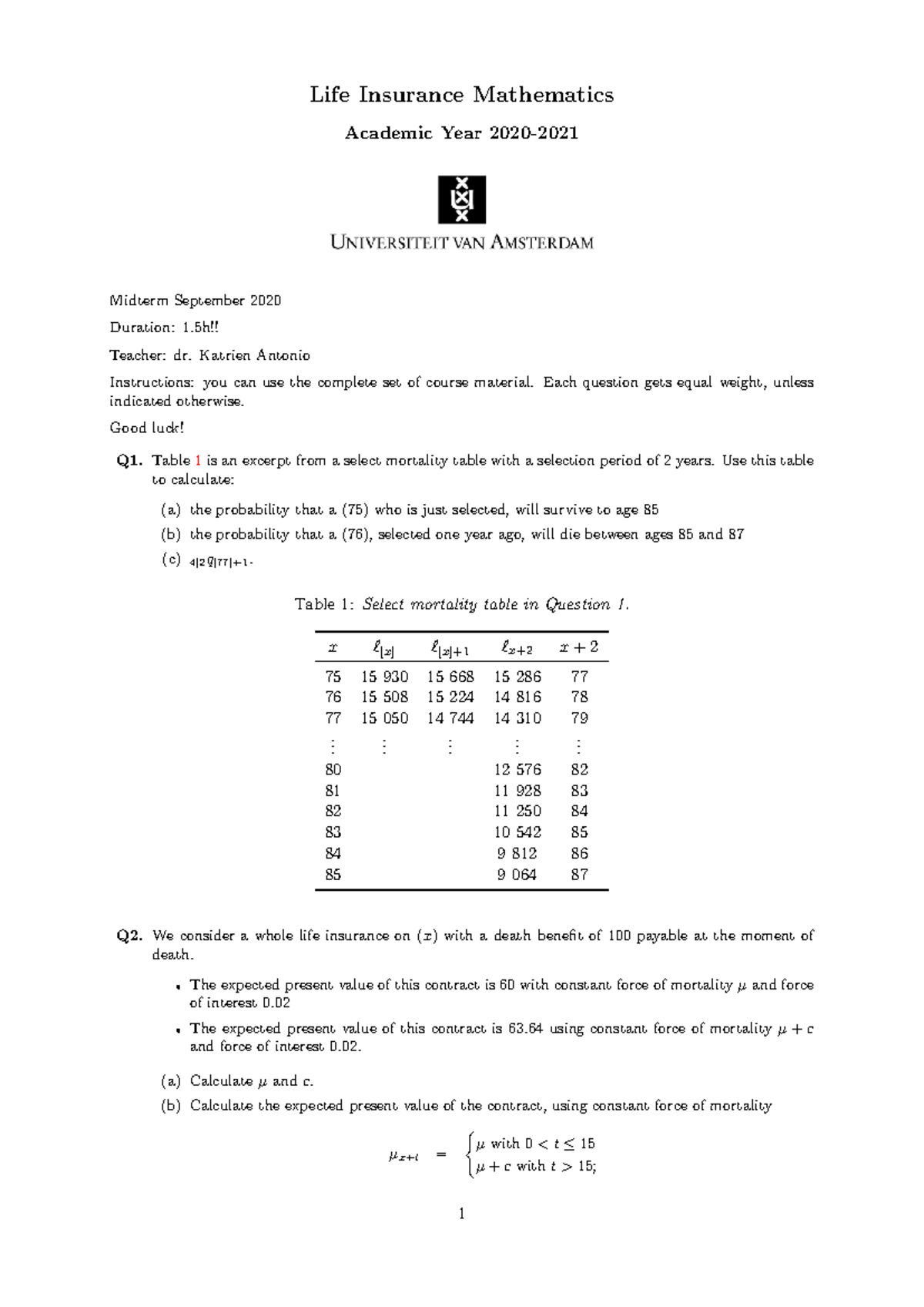 Life Insurance Math Midterm Exam - 28 Sept 2020 - Studeersnel