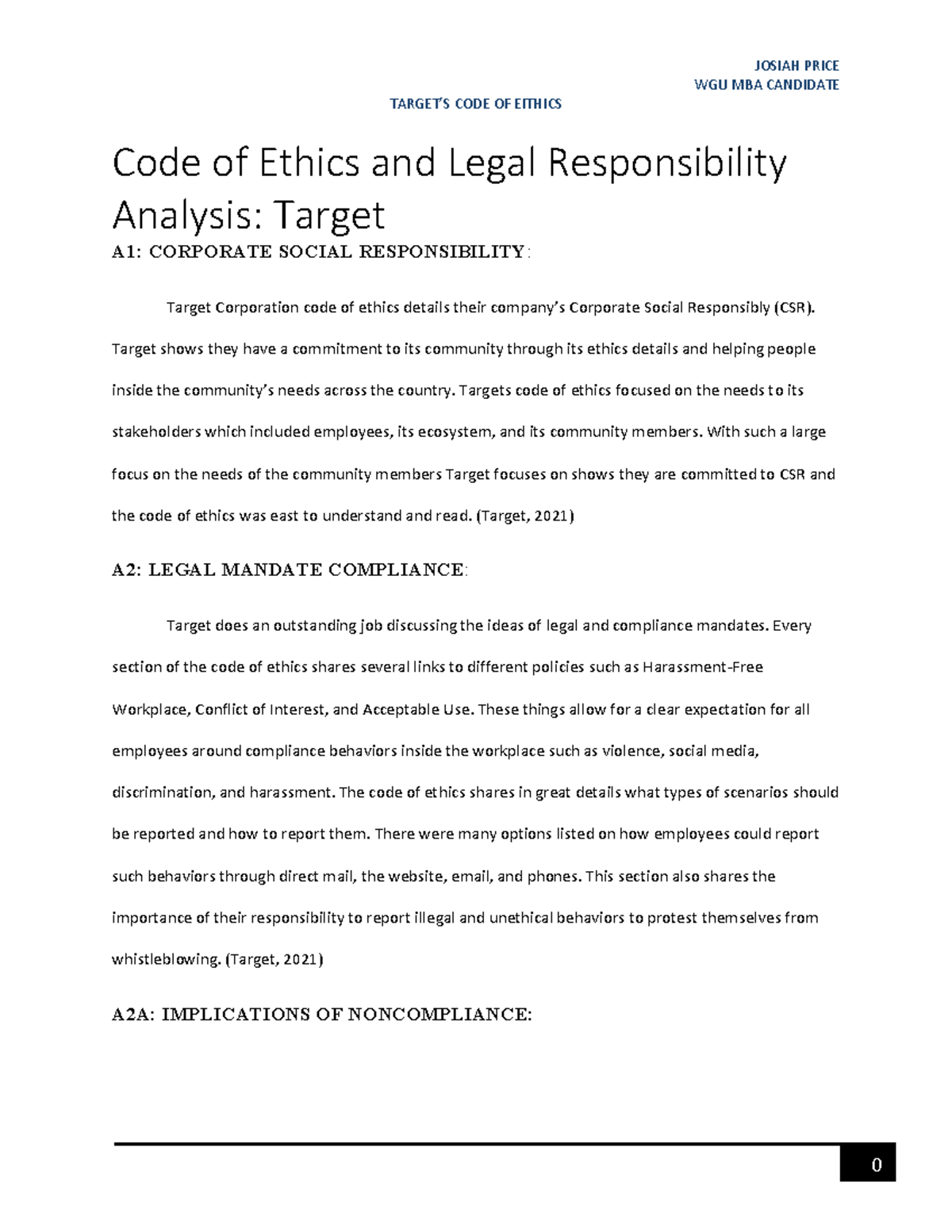 C206 - Task 3 - Analysis of Target's Code of Ethics and Compliance ...