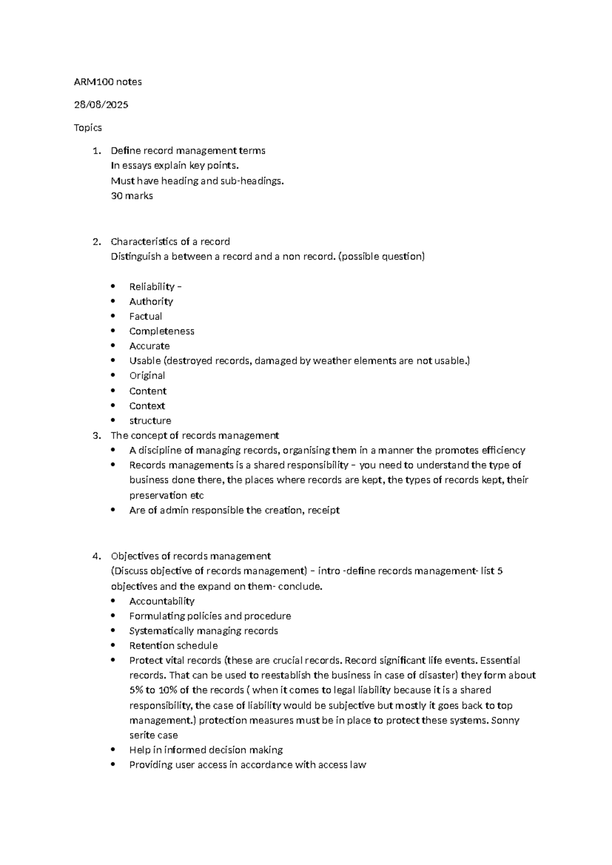 ARM100 Final Exam Notes: Key Concepts in Records Management - Studocu