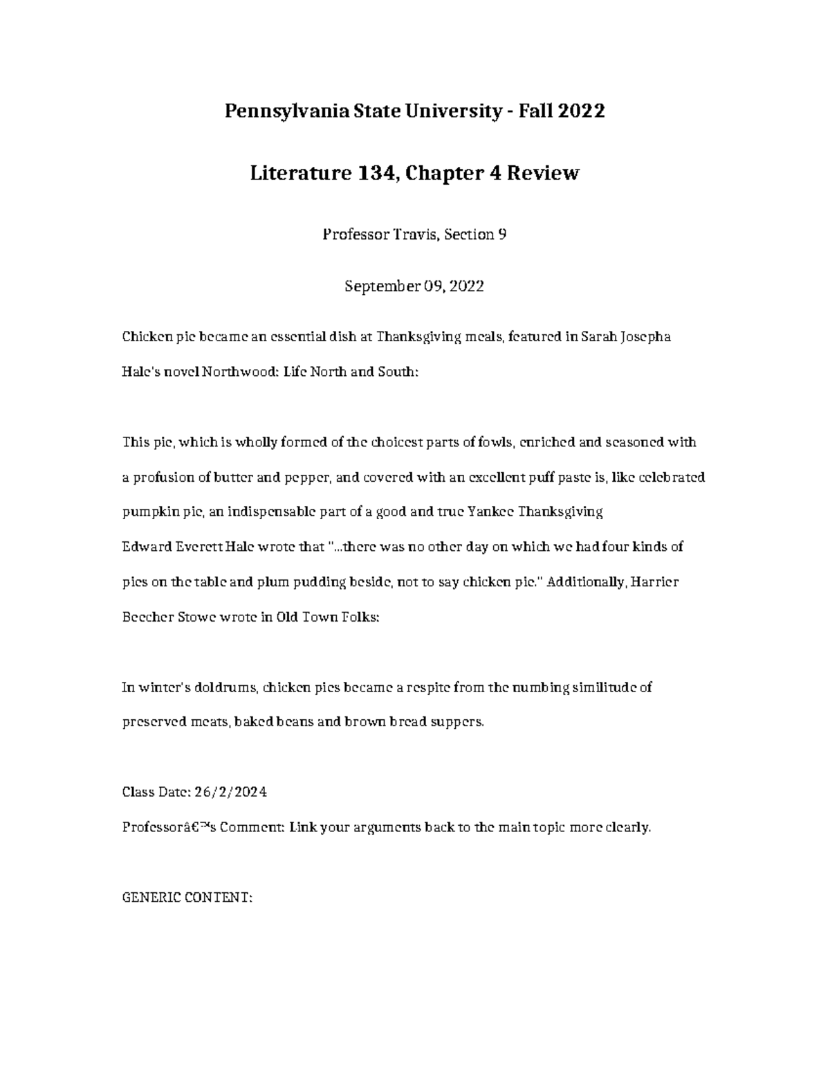 Literature 134 Chapter 4 Review - Pennsylvania State University - Fall ...
