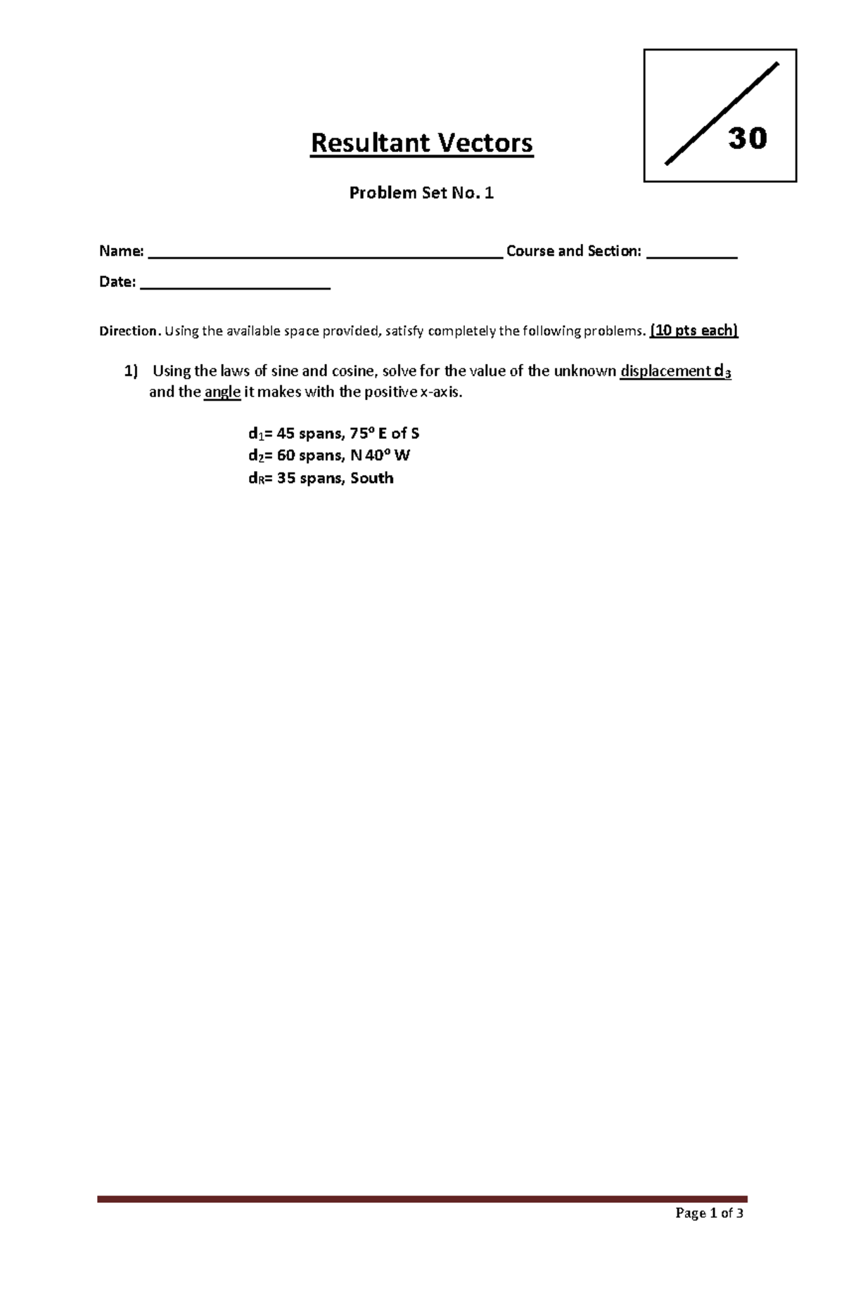 Resultant Vectors Problem Set No. 1 - PSET CHEM - Studocu