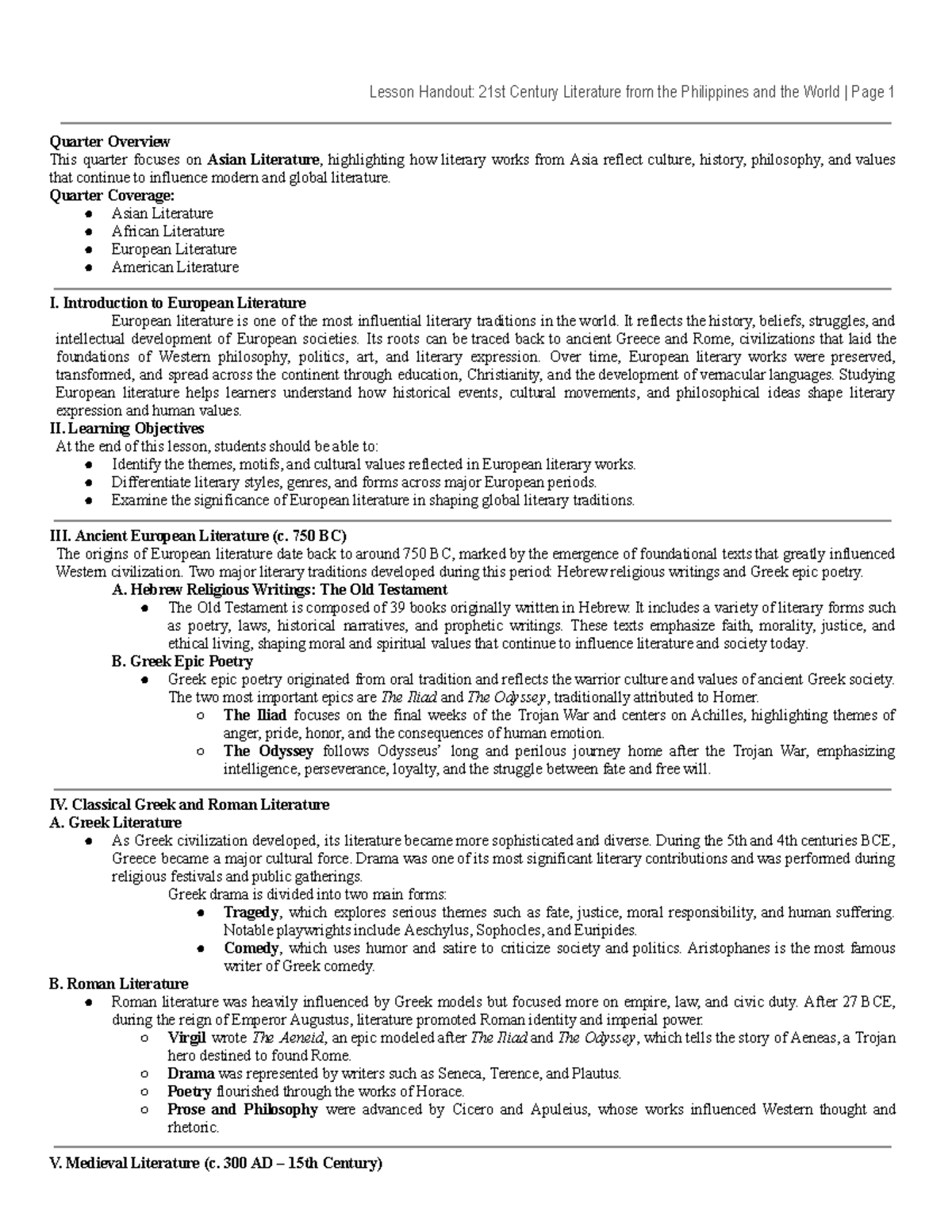 Lesson Handout: Q4W3 - European Literature Overview and Insights - Studocu