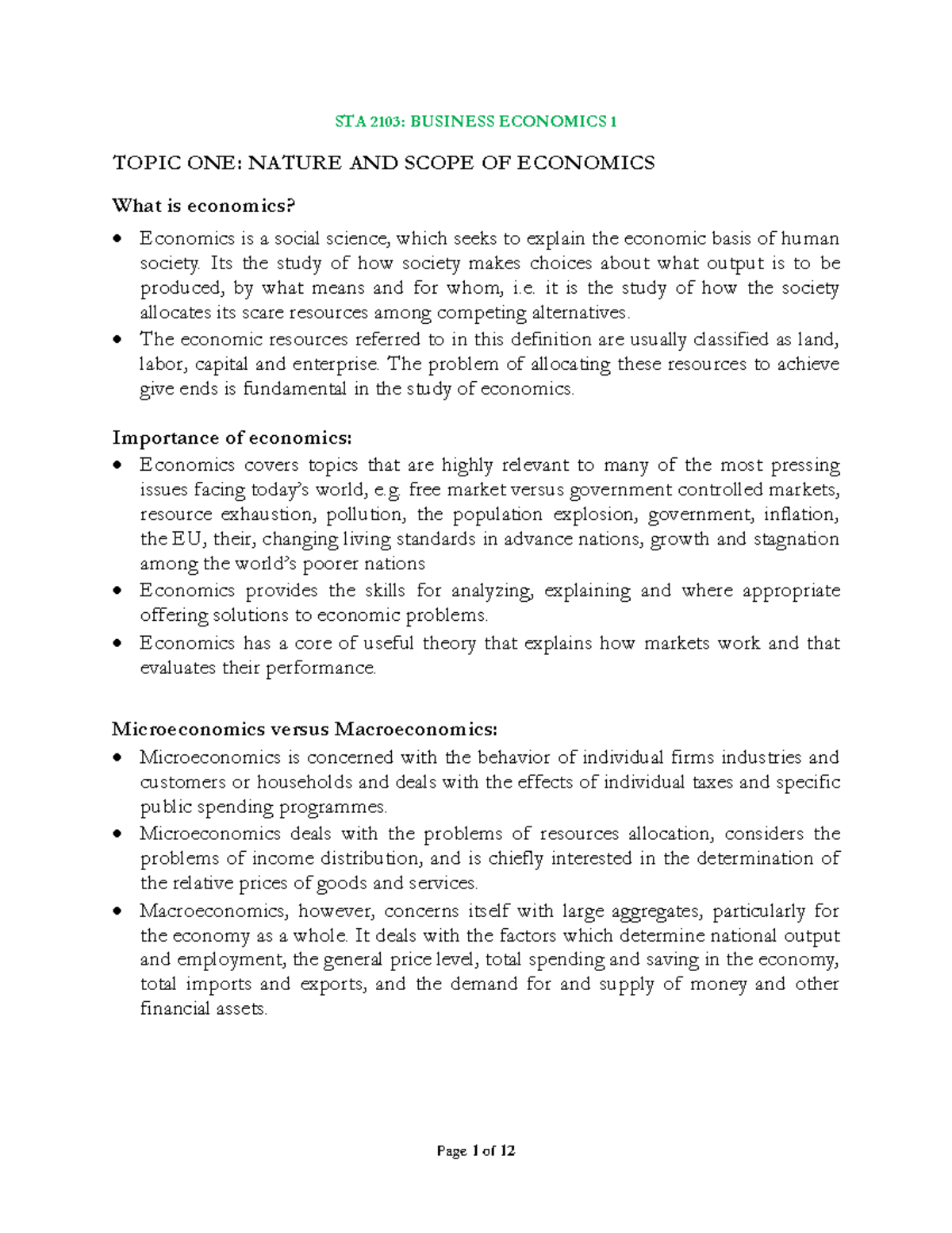 STA 2103: Business Economics - Nature and Scope of Economics - Studocu