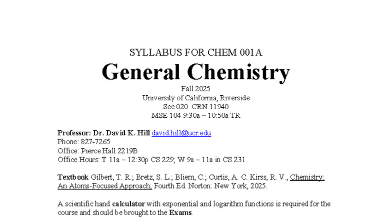 Syllabus for CHEM 001A General Chemistry - Fall 2025 - Studocu