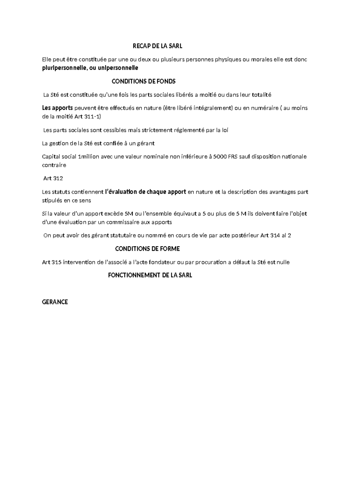 Recap de la SARL: Structure et Fonctionnement Essentiels - Studocu