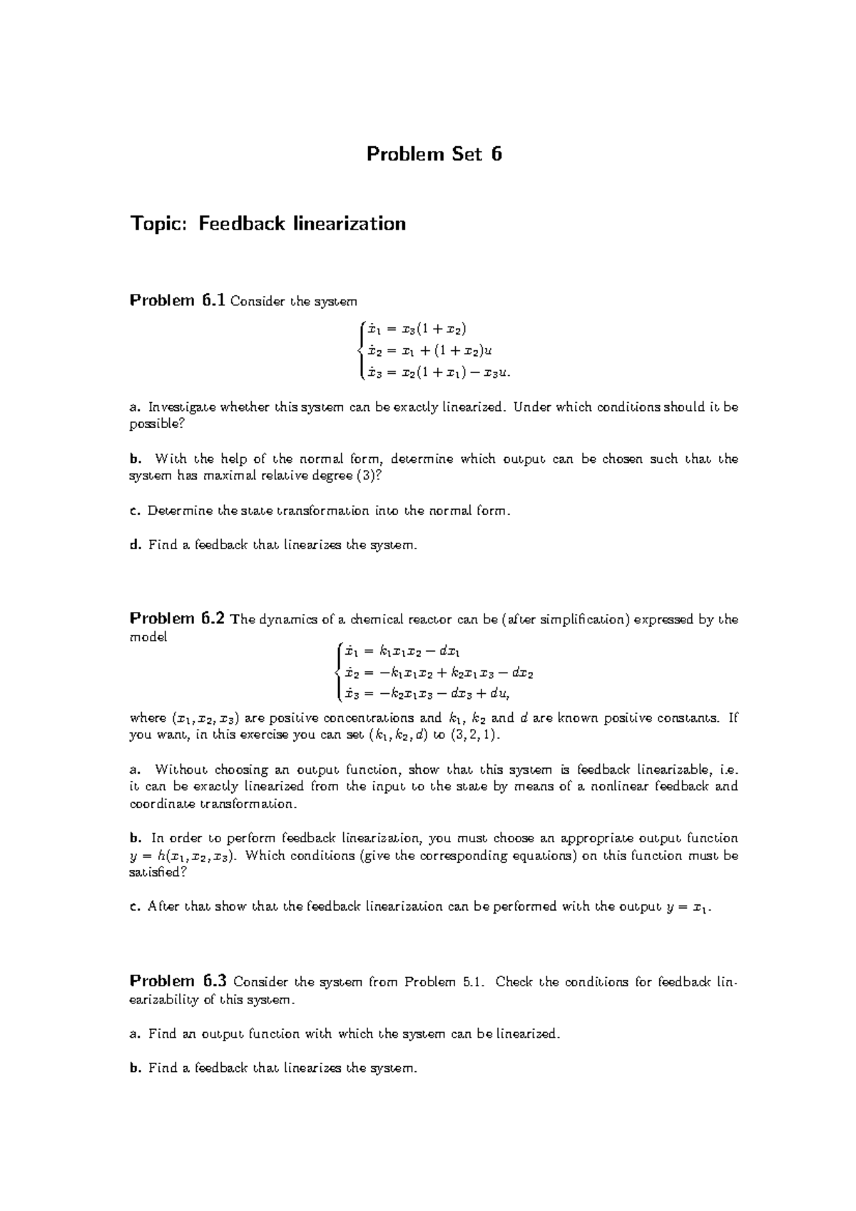 4DM30 Feedback Linearization Exercises 6: Problem Set Solutions ...