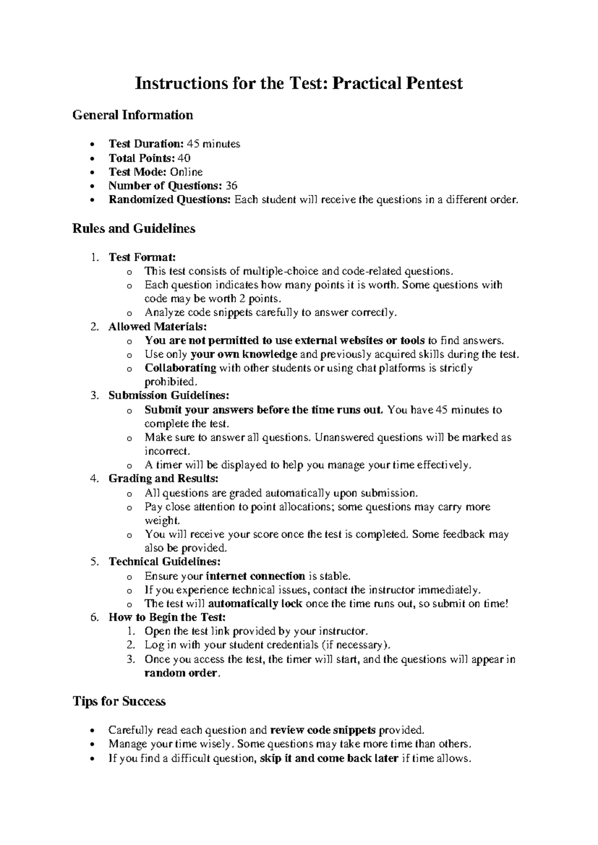 Instructions for the Test Midterm 1 - Instructions for the Test ...