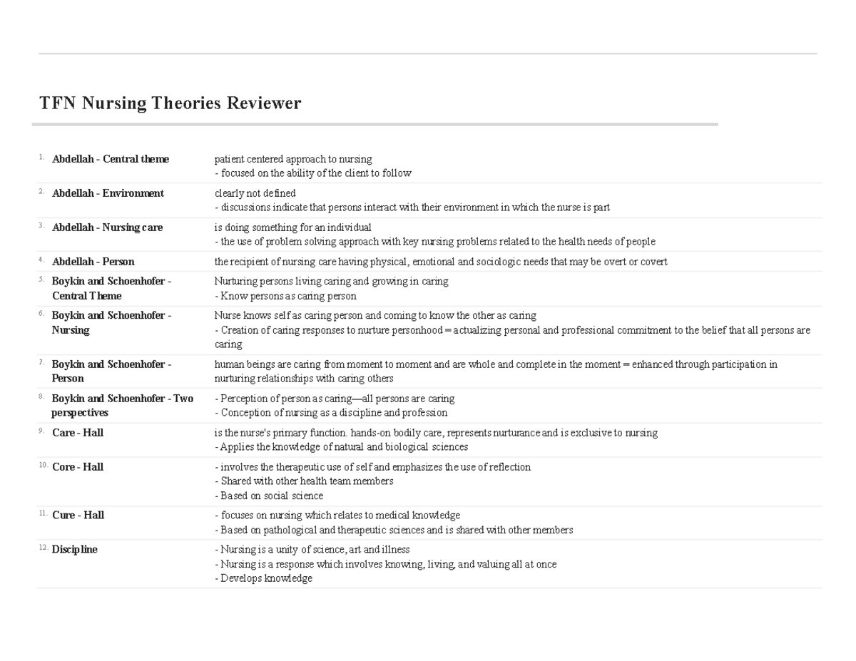 TFN Nursing Theories Comprehensive Review and Key Concepts - Studocu