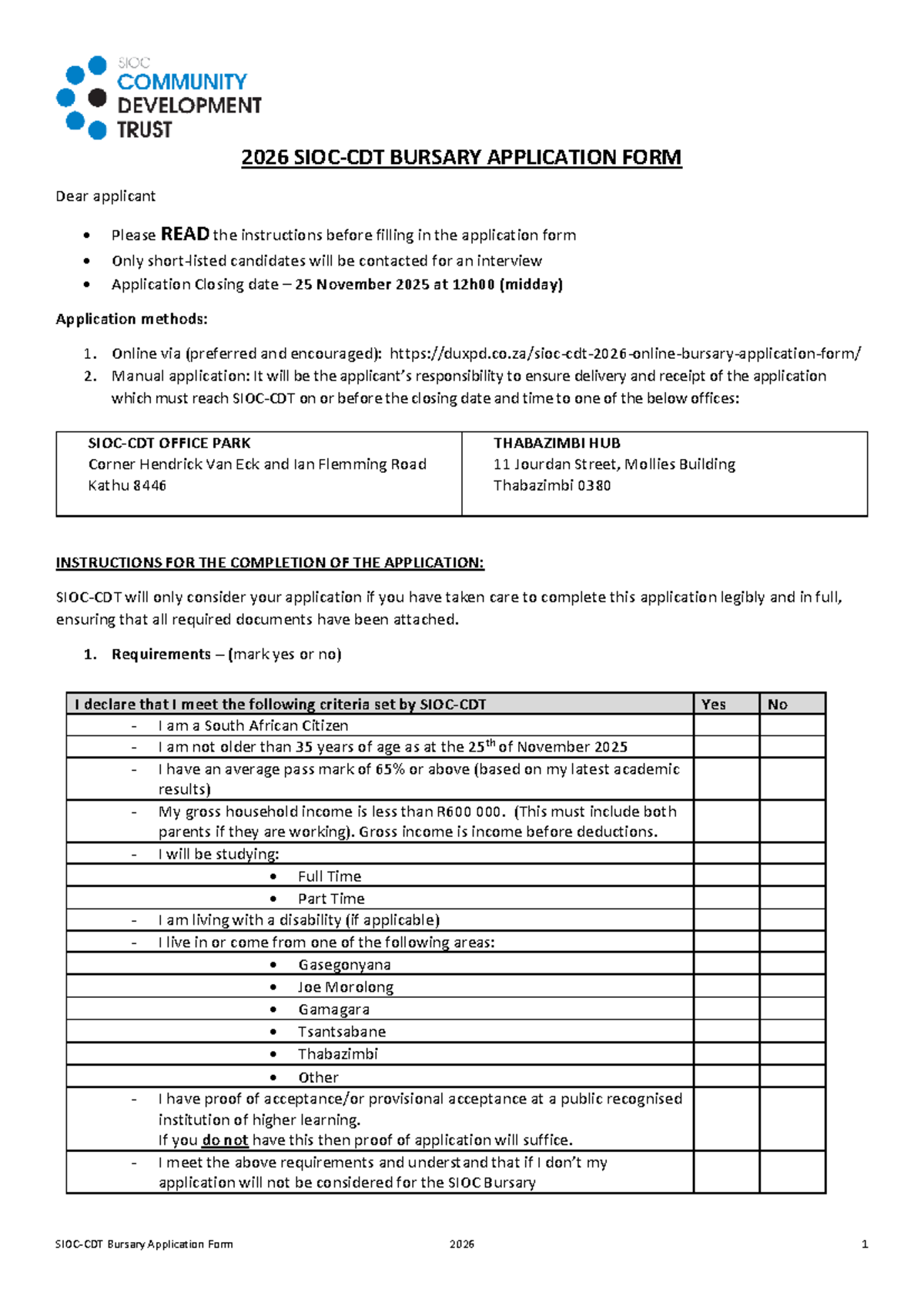 SIOC-CDT Bursary Application Form 2026 - Important Instructions - Studocu