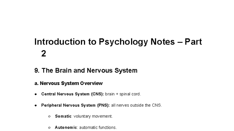 Introduction to Psychology Notes: The Brain & Nervous System - Studocu