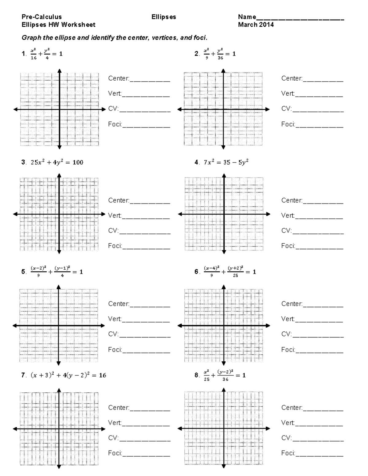 Ellipses HW Worksheet - Graphing and Identifying Features - Studocu