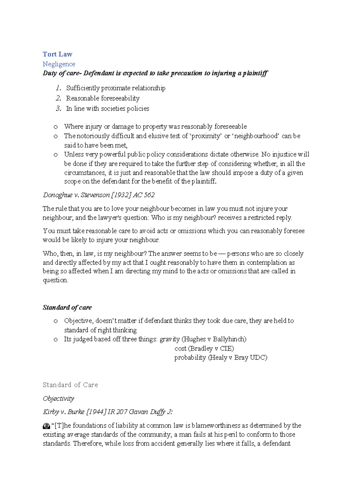 Law of Torts Notes - Summary of Negligence and Duty of Care Principles ...