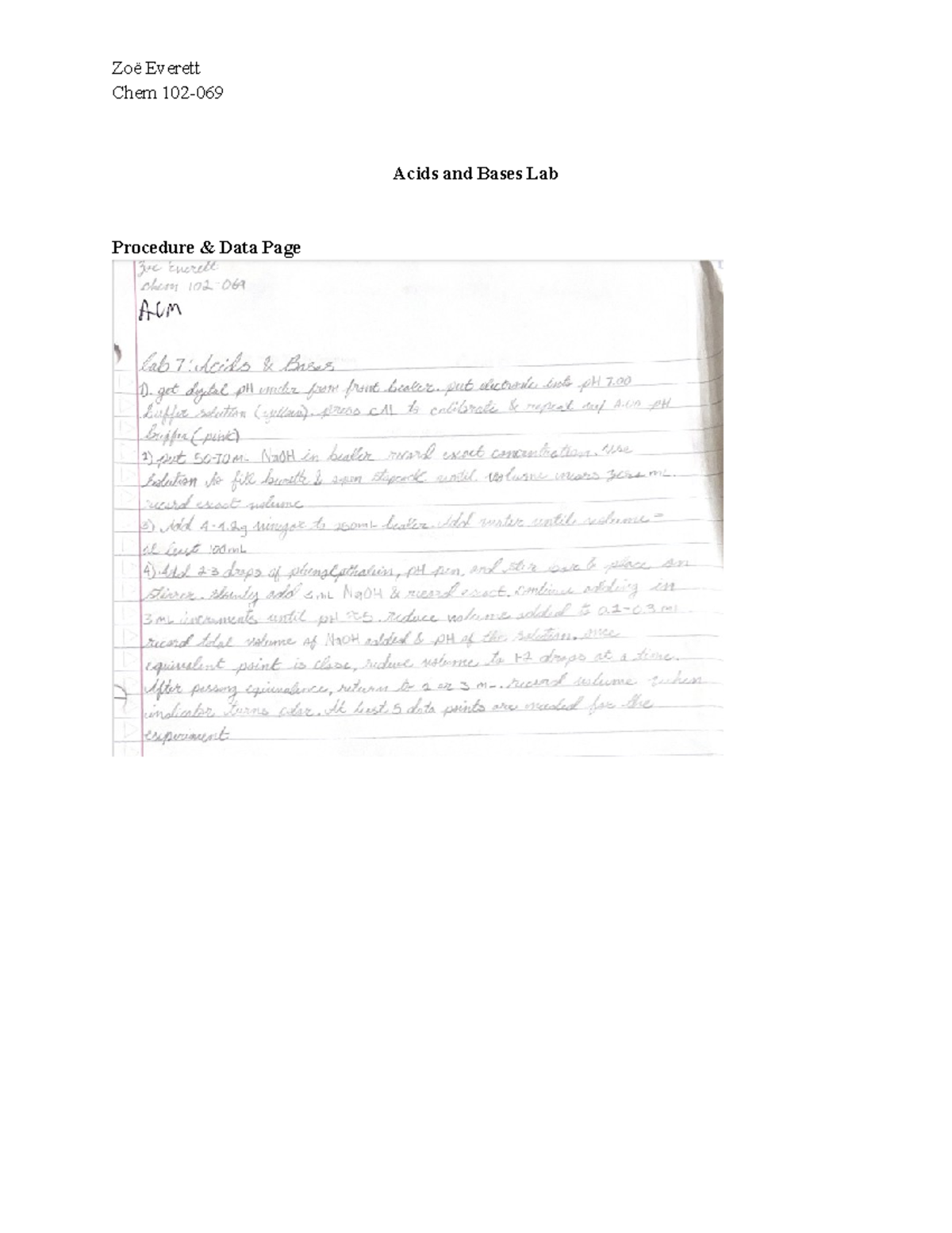 Lab Report 7 Acids and Bases - Chem 102- Acids and Bases Lab Procedure ...