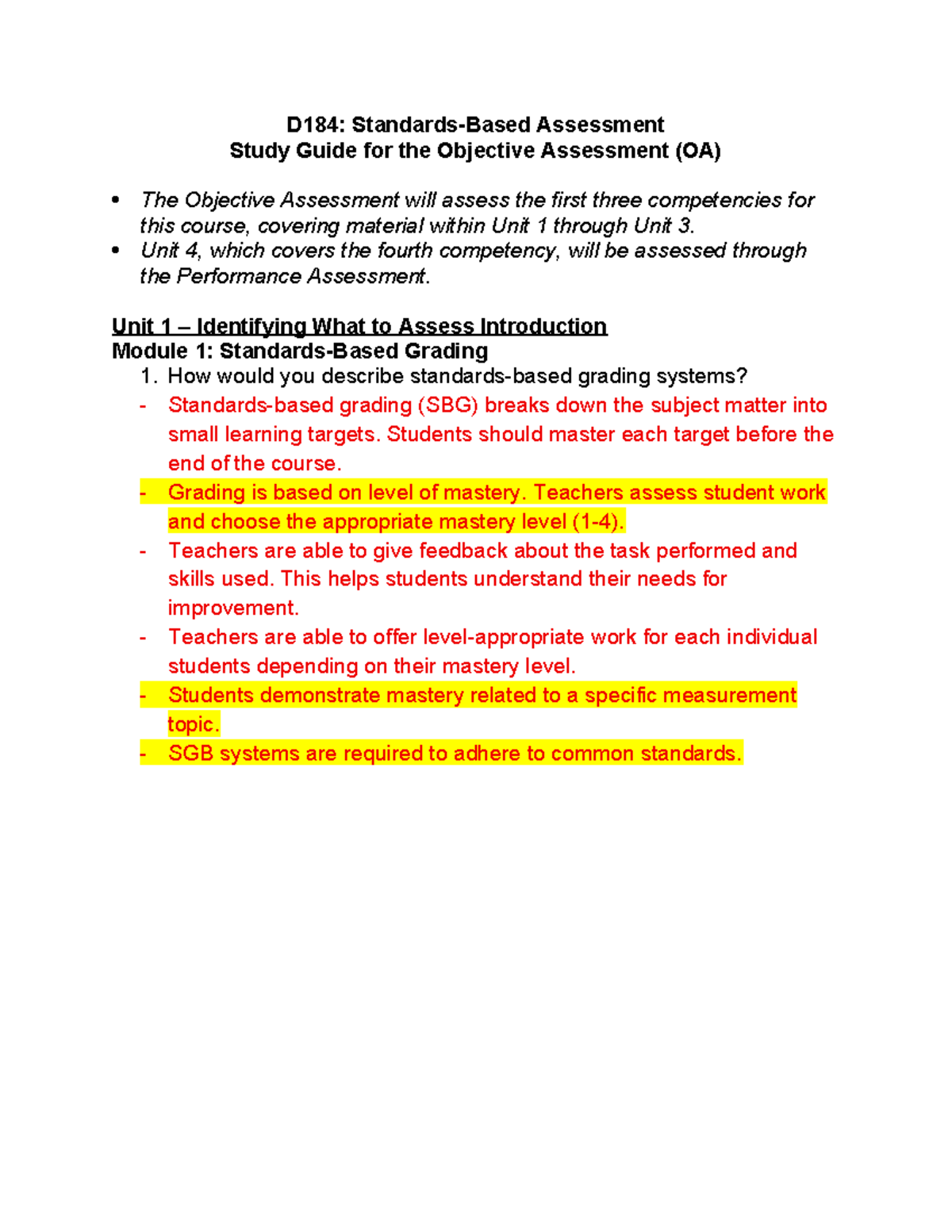 D184: Study Guide for Objective Assessment (OA) - Units 1-3 Overview ...