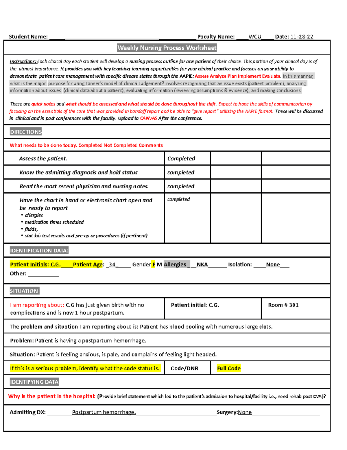 Nursing Process Worksheet - OB 2 (Nurs 316L) WCU - Postpartum Care ...