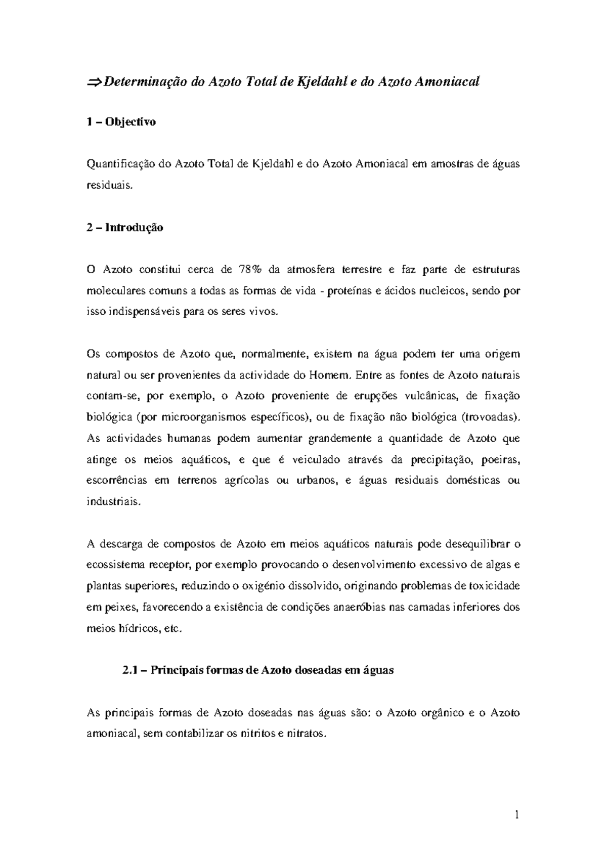 Determinação do Azoto Total e Amoniacal de Kjeldahl - Bio 101 - Studocu