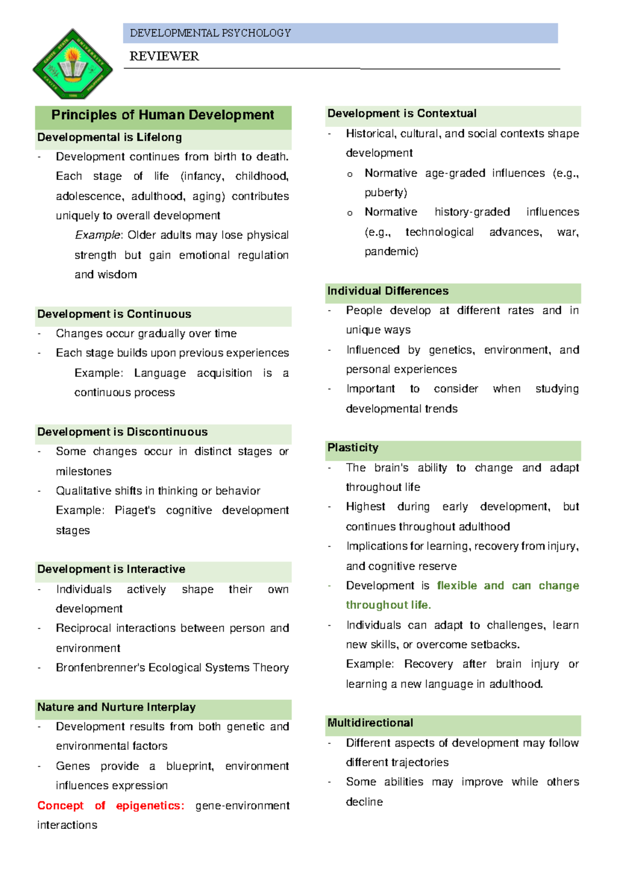 DEVELOPMENTAL PSYCHOLOGY REVIEWER: Key Principles and Influences - Studocu