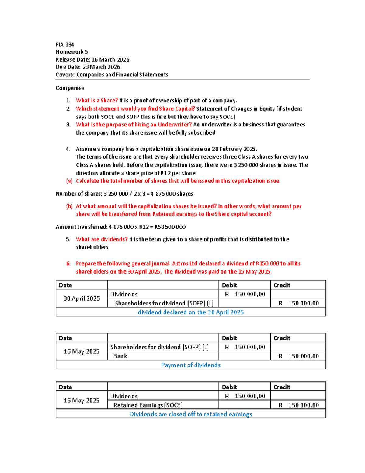 FIA 134 Homework 5 Solutions: Companies & Financial Statements - Studocu