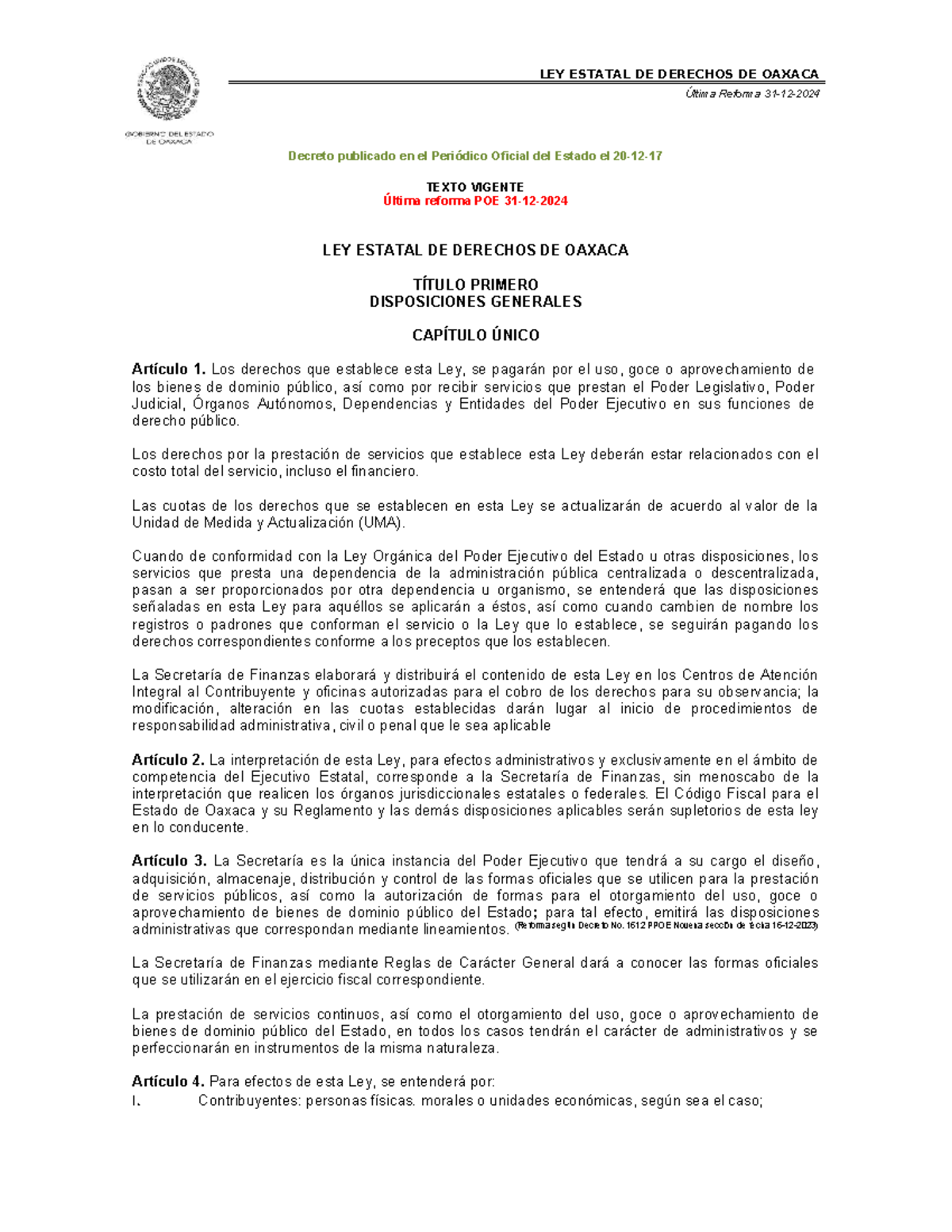 LEY ESTATAL DE DERECHOS DE OAXACA: Texto Vigente y Última Reforma - Studocu