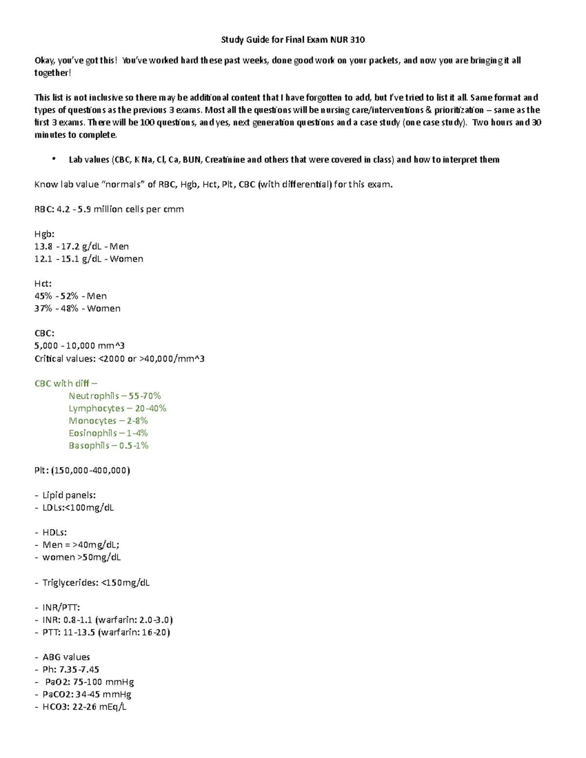 Final Exam Study Guide for Medical-Surgical Nursing NUR 310 - Studocu