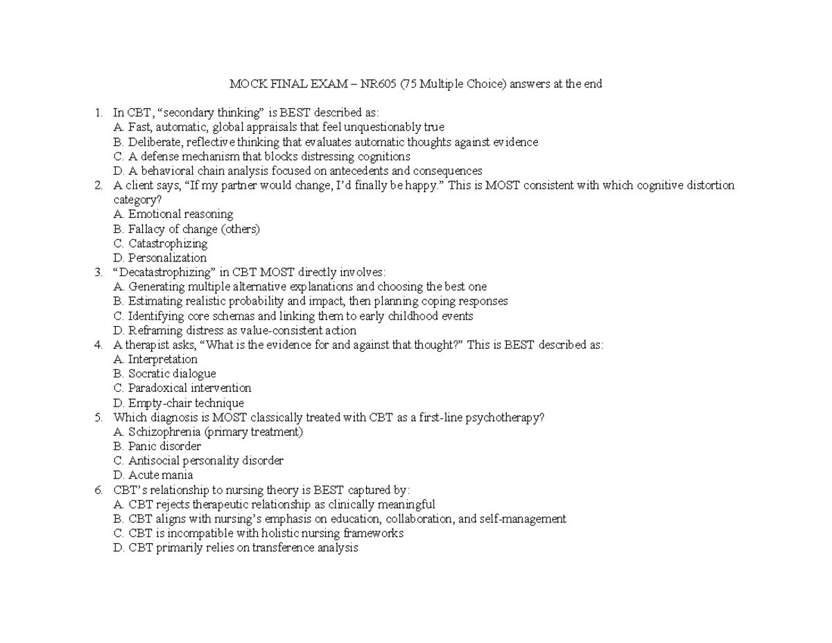 MOCK FINAL EXAM NR605: 75 Multiple Choice Questions & Answers - Studocu