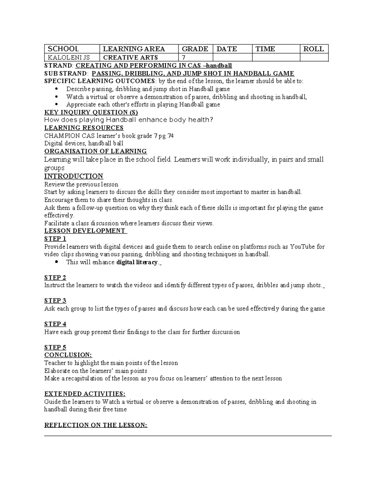 Creative Arts G7 Lesson Plan: Passing & Dribbling in Handball - Studocu