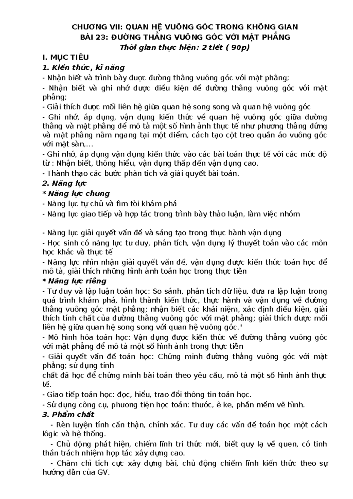 Chương VII - Bài 23: Đường Thẳng Vuông Góc Với Mặt Phẳng - KNTT - Studocu