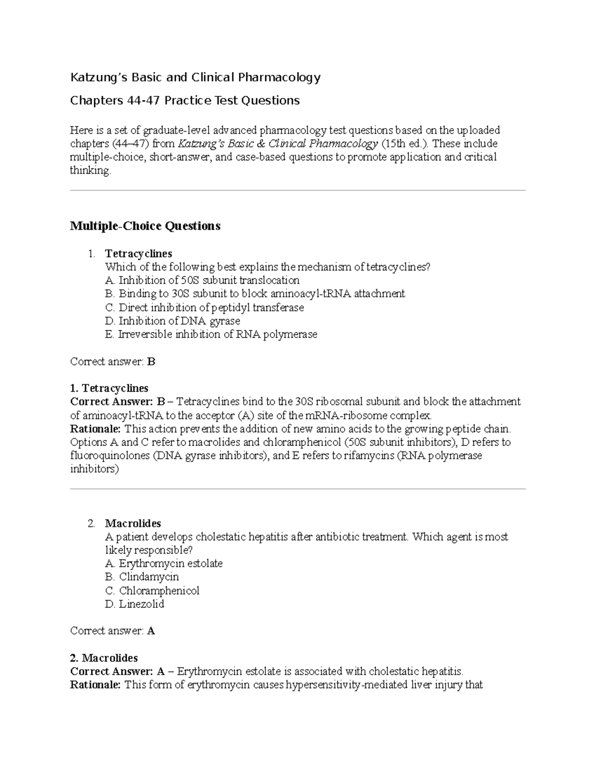 Basic & Clinical Pharmacology (15th ed.) Chapters 44-47 Test Questions ...