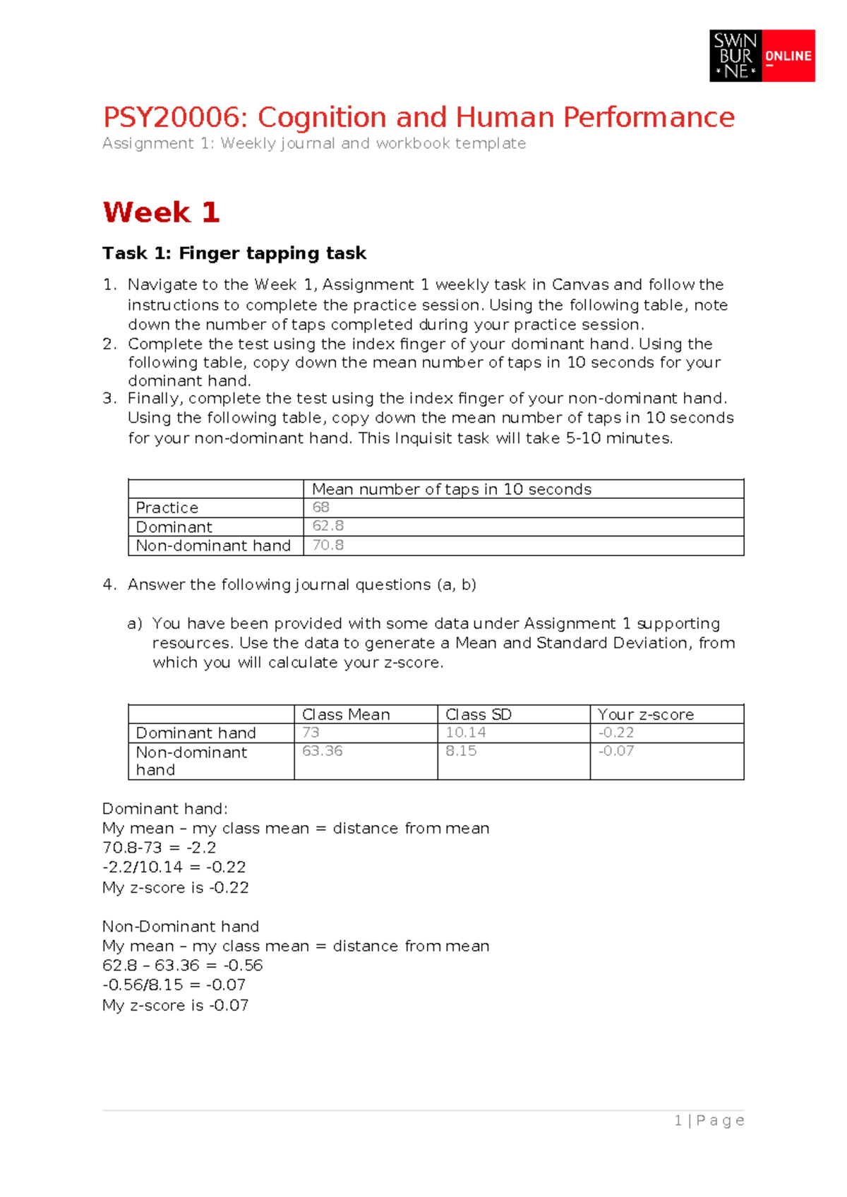 **PSY20006: Cognition and Human Performance - Assignment 1 Workbook ...