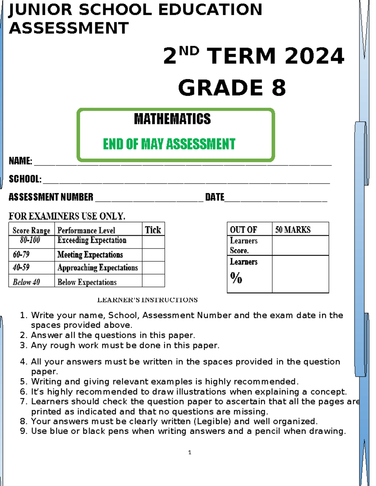 Grade 8 Mathematics Assessment - 2nd Term 2024 - Studocu
