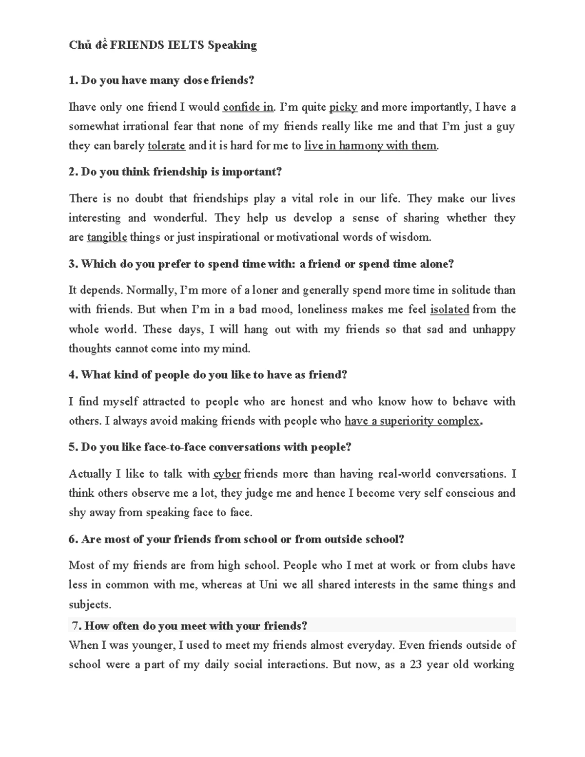 IELTS Speaking - Friendship Insights and Sample Responses - Studocu