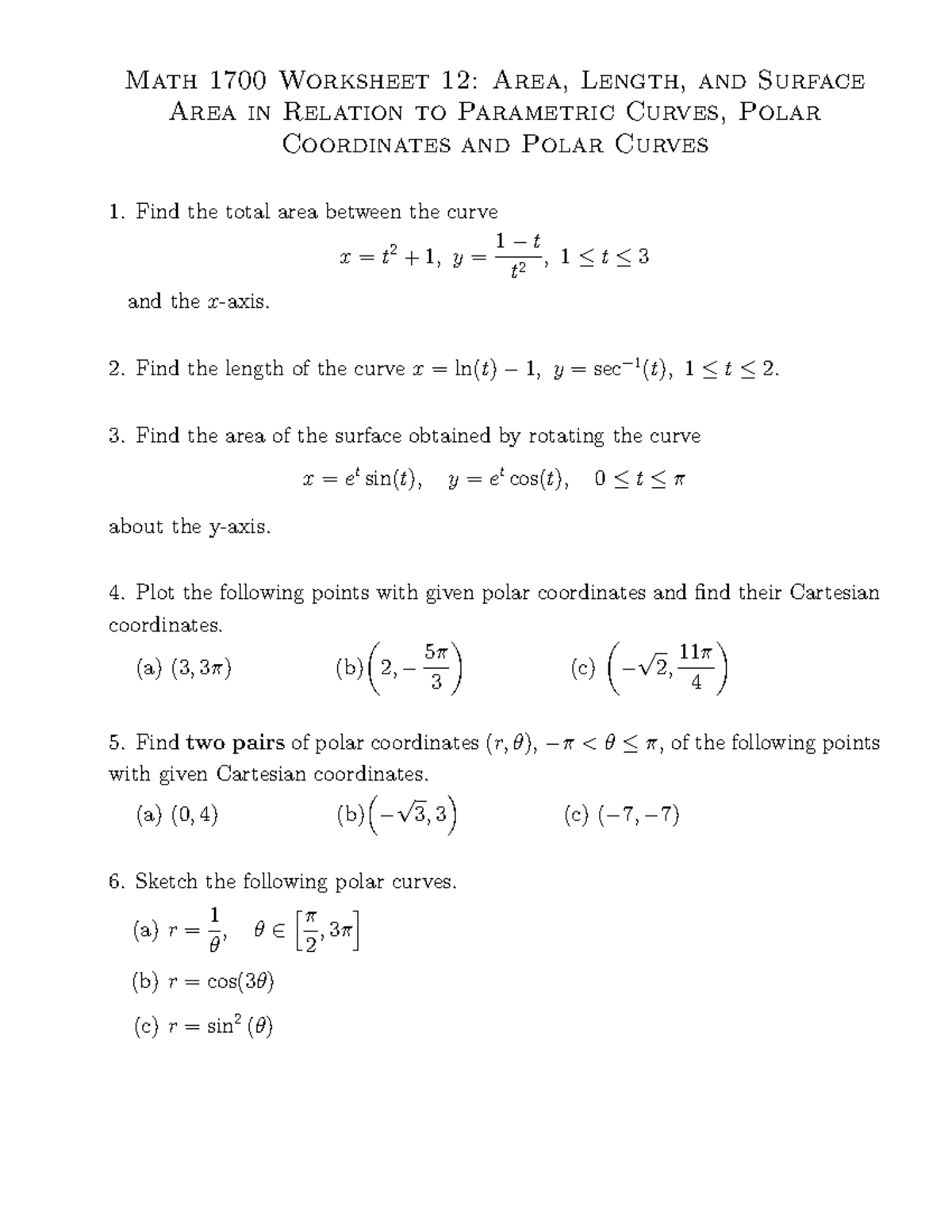 1700tutorial-12 - Worksheet for practice - Math 1700 Worksheet 12: Area ...