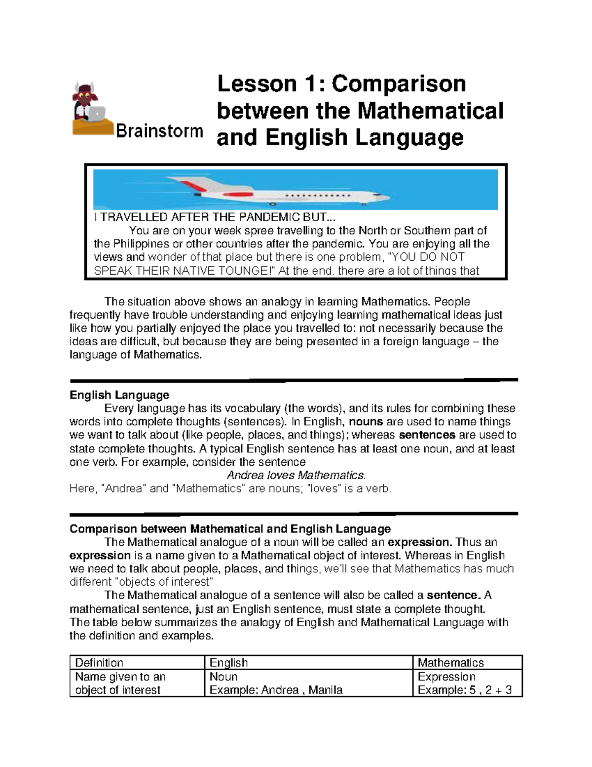 G - Lecture notes 1-5 - Lesson 1: Comparison between the Mathematical ...