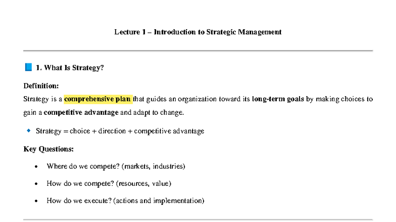 Lecture 1: Introduction to Strategic Management (SM101) - Key Concepts ...