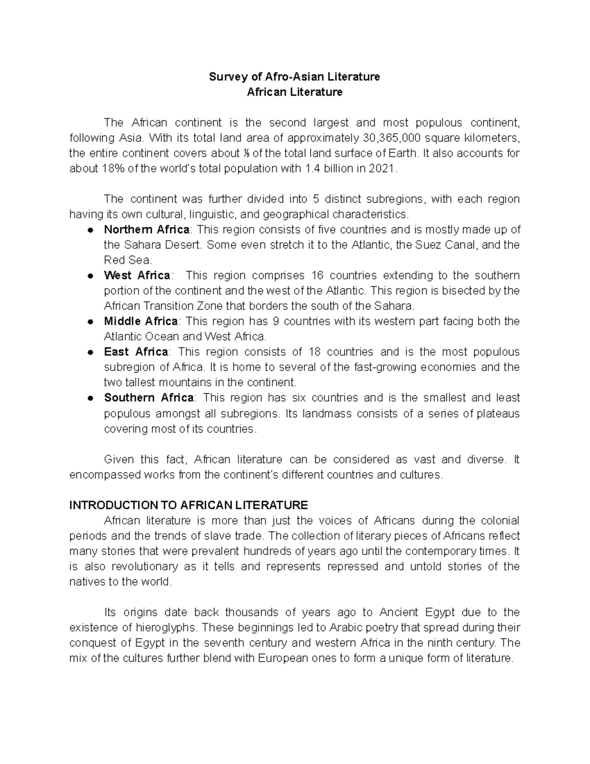 African Literature (Handouts) - Survey of Afro-Asian Literature African ...