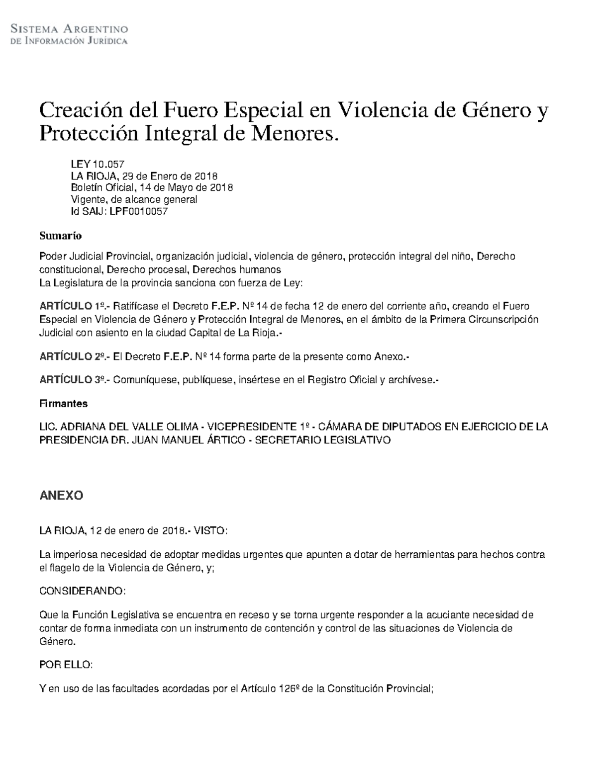 Ley 10.057: Creación del Fuero Especial en Violencia de Género y ...