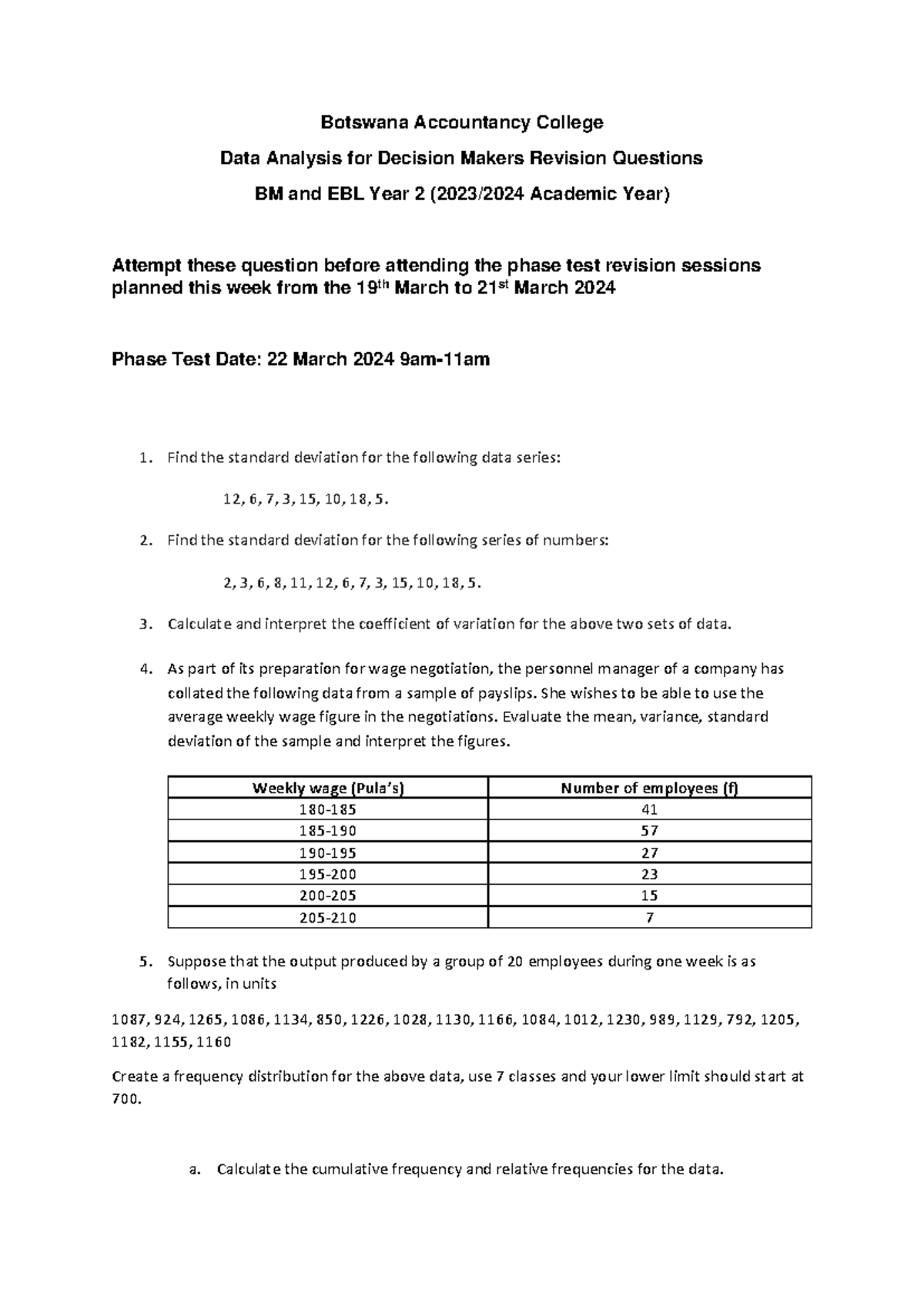 Data Analysis Revision Questions for Decision Makers BM & EBL Year 2 ...